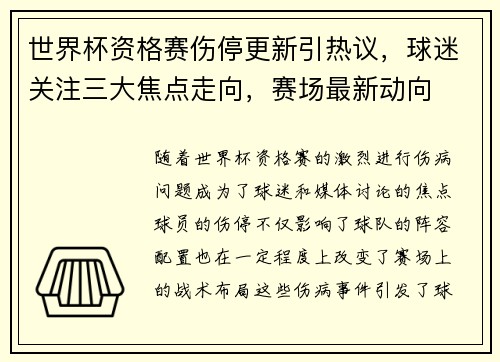 世界杯资格赛伤停更新引热议,球迷关注三大焦点走向,赛场最新动向 世界杯资格赛伤停更新引热议,球迷关注三大焦点走向,赛场最新动向
